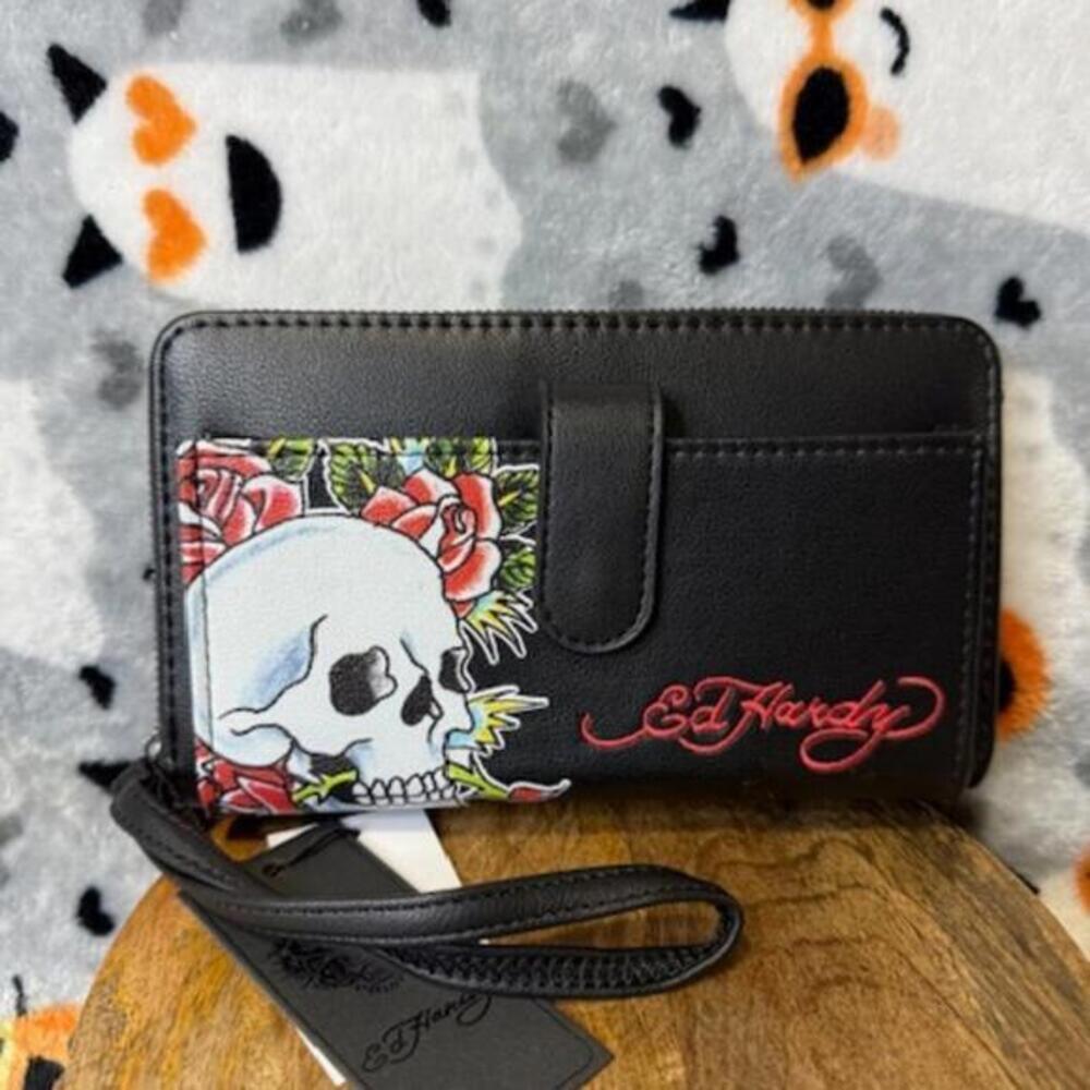 Ed Hardy Skull & Roses Tattoo Zip-Around Wristlet Wallet Faux Leather NWT